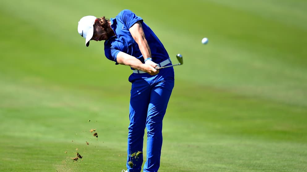 Tommy Fleetwood at the ninth hole during his second round in Prague