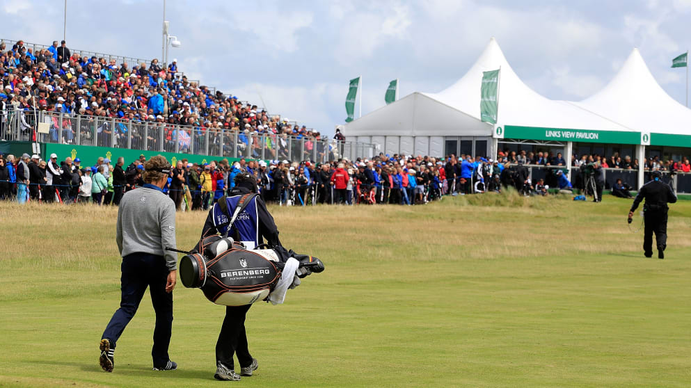 Bernhard Langer walking up the 18th fairway at Royal Porthcawl