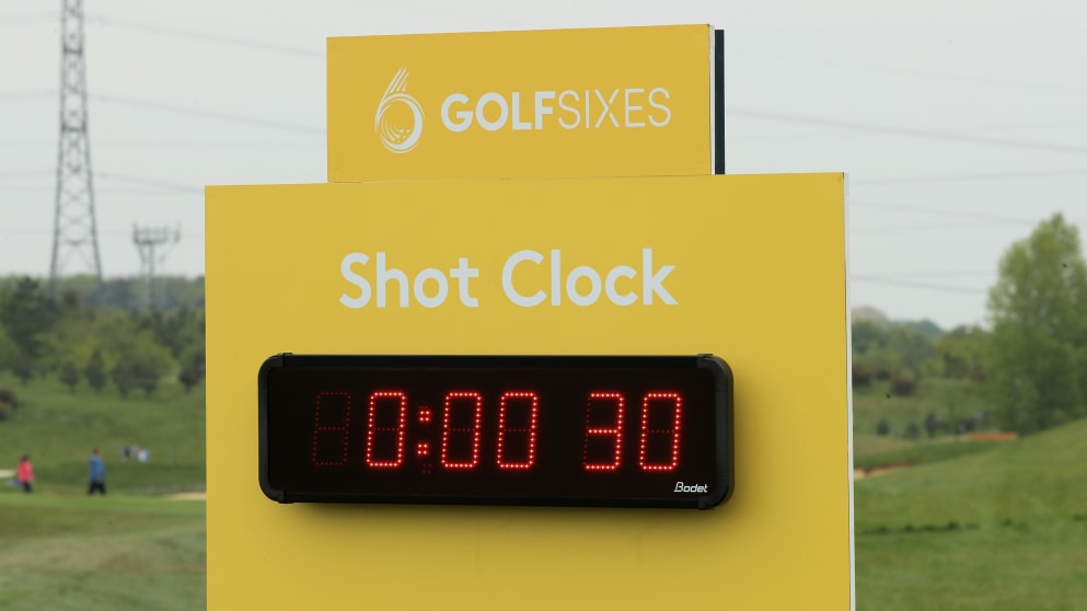 A General View of the shot clock on the 4th hole at the GolfSixes