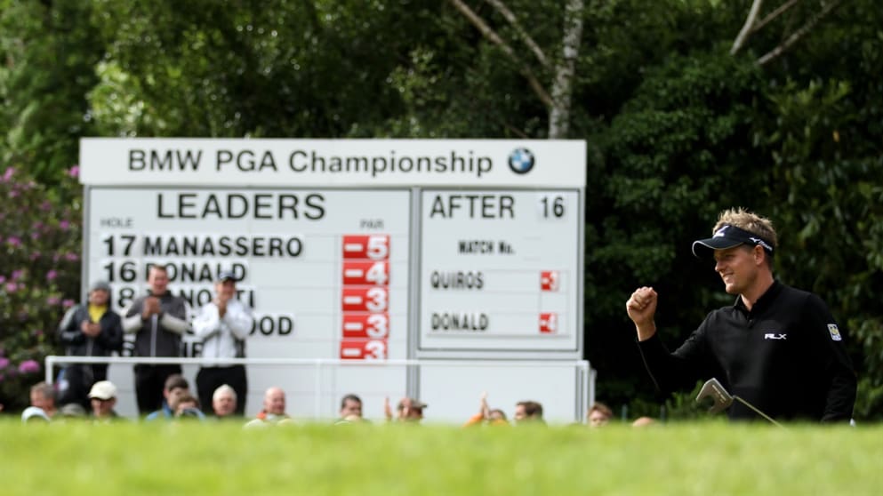 Luke Donald celebrates his birdie on the 17th