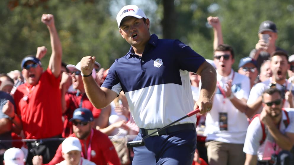 Patrick Reed celebrates an eagle at the fifth hole during his singles match at The 2016 Ryder Cup
