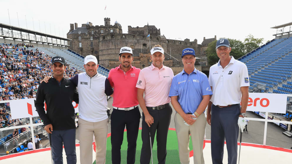 Shubhankar Sharma, Richie Ramsay, Rafa Cabrera Bello, Ian Poulter, Charley Hoffman and Matt Kuchar pose for a photograph during The Hero Challenge