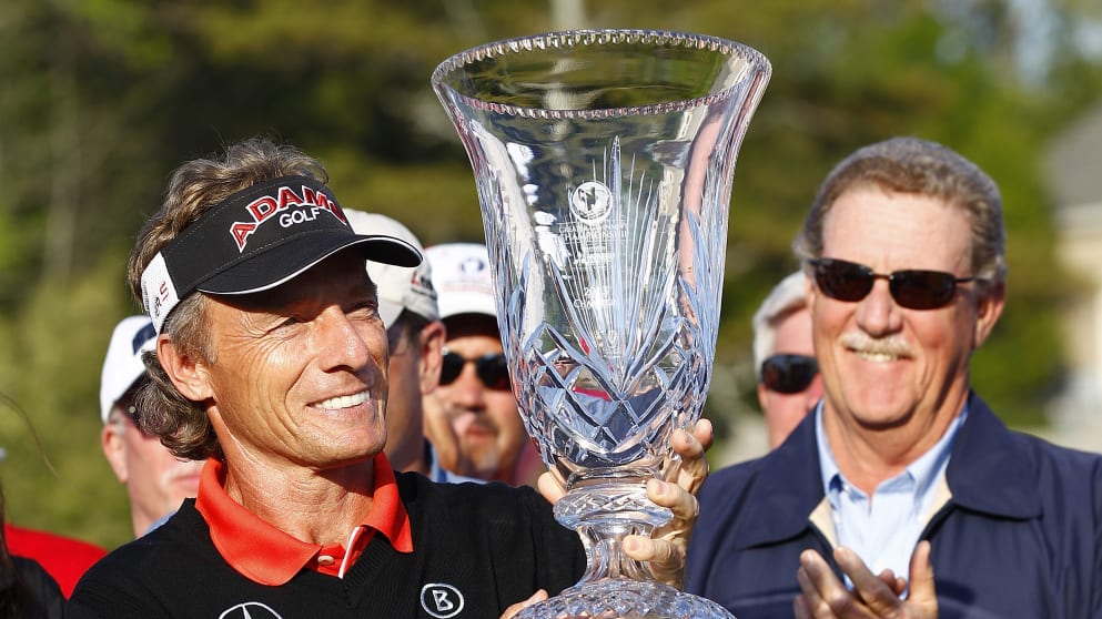 Bernhard Langer of Germany holds the trophy at the presentation ceremony