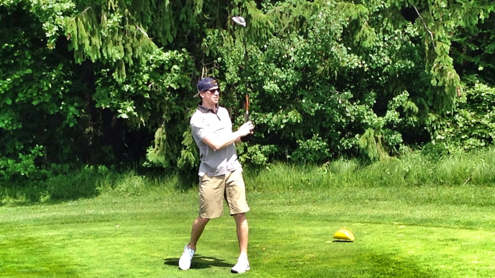 Michael Raffl of the Philadelphia Flyers tees off in the Kärnten Golf Open presented by Mazda Pro-Am