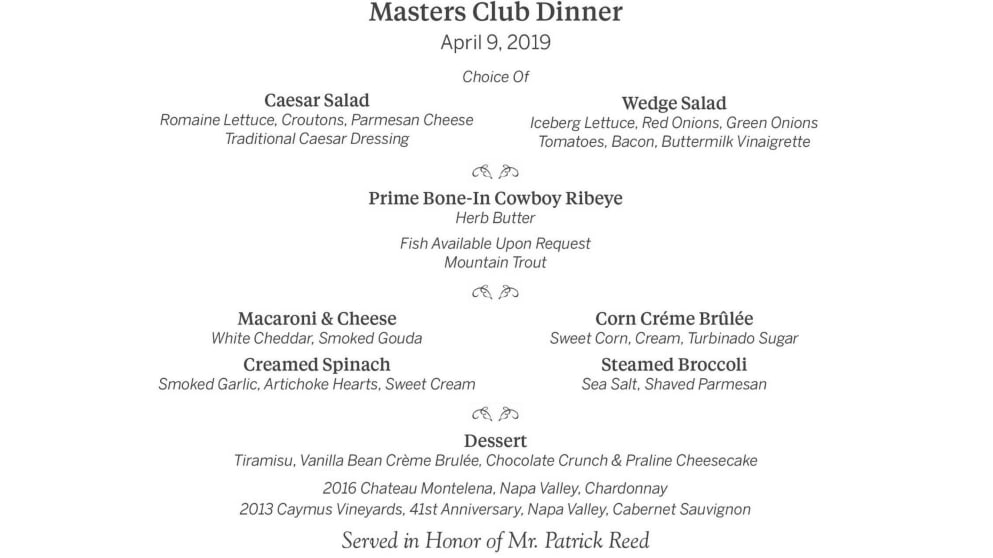 Champions Dinner menu