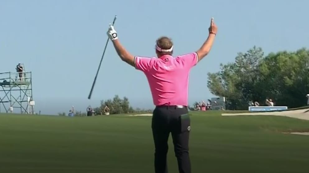 Joost Luiten celebrates his albatross in Spain