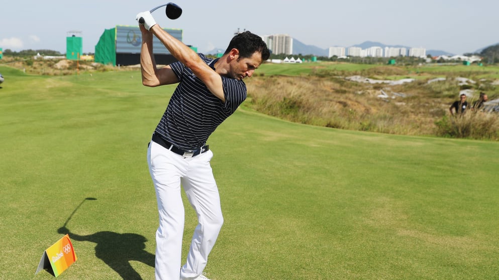 Grégory Bourdy of France hits a tee shot during a practice day