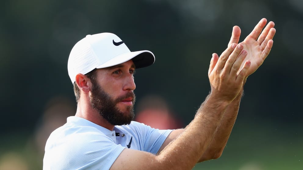 Romain Wattel applauds fans at the 2017 KLM Open