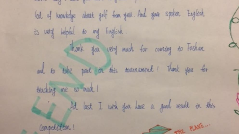 Foshan Junior Pro Am Thank You letter