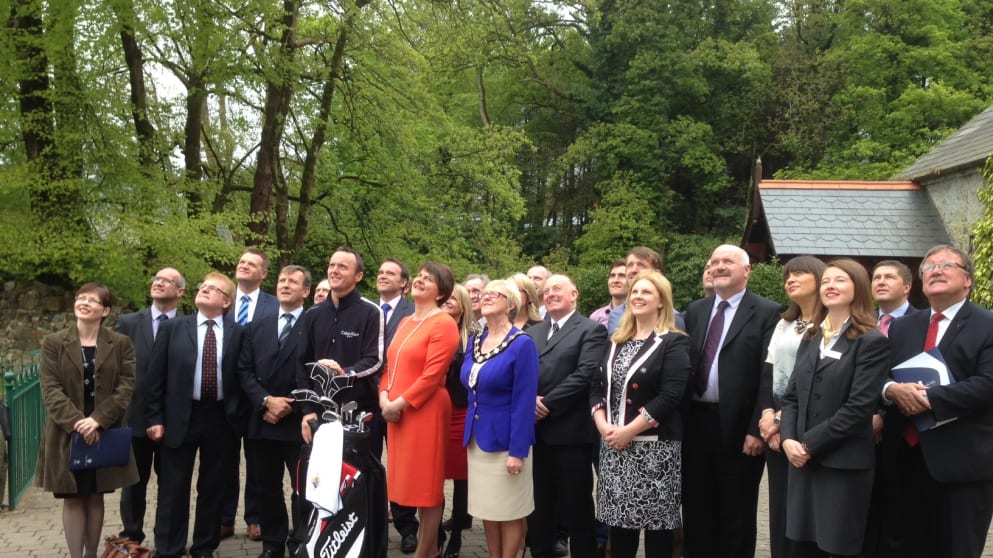 Dignitaries, including Enterprise, Trade and Investment Minister Arlene Foster, and European Tour player Michael Hoey pose for a photo at the Official Launch of the 2014 Northern Ireland Open Challenge