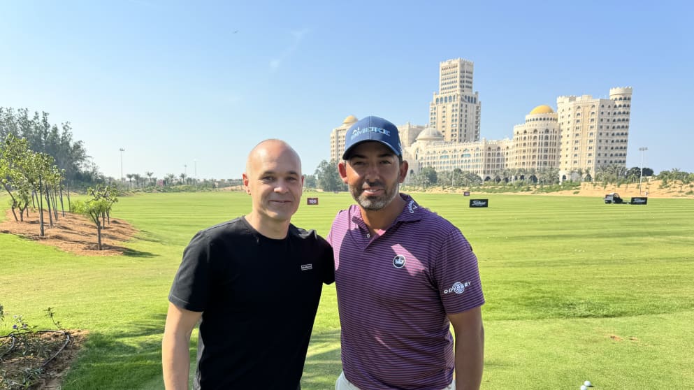 Andres Iniesta (left) and Pablo Larrazabal pictured at Al Hamra Golf Club