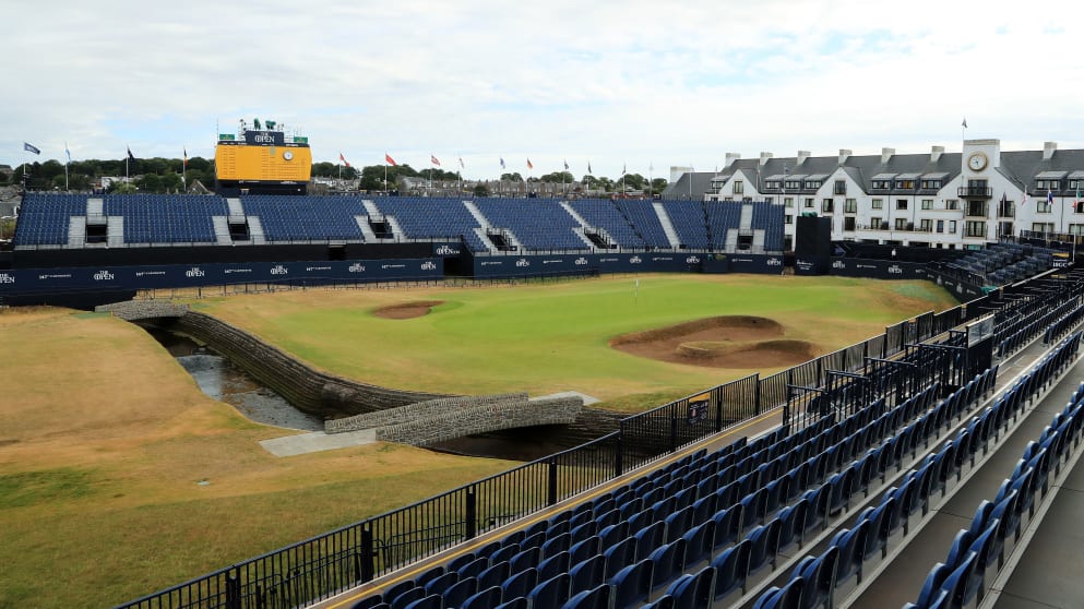 A general view of the 18th green, scoreboard, grandstand and hotel ahead of the 147th Open Championship at Carnoustie Golf Club