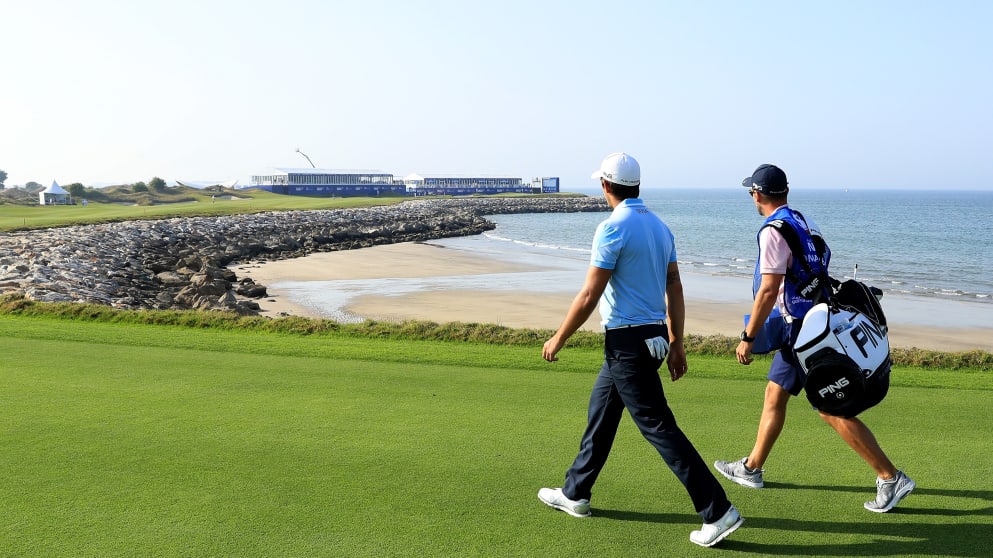 Matthieu Pavon of France walking down the fairway in Oman