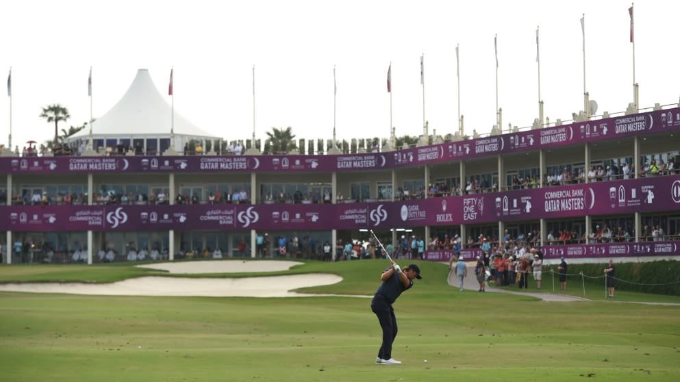 Eddie Pepperell on the 18th at Doha GC