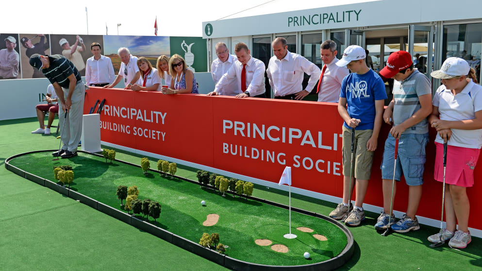 Early Senior Open Championship leader Bob Tway tackles the Interactive Zone at Royal Porthcawl