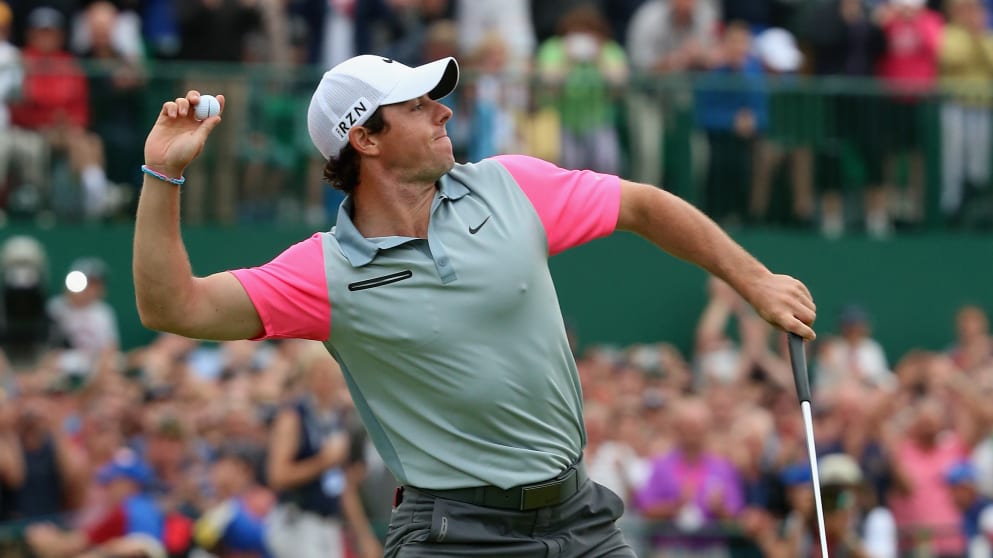 Rory McIlroy celebrates the moment of victory