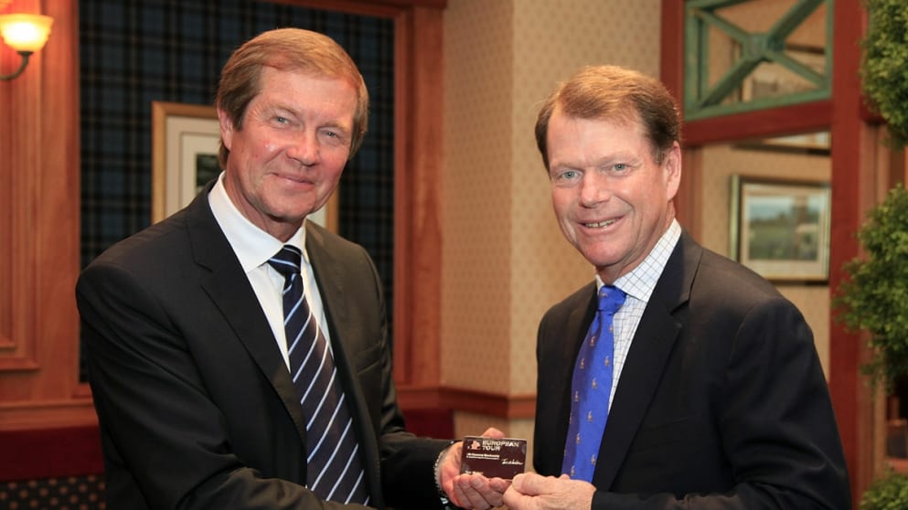 Tom Watson is presented with Honorary Life Membership of the European Tour by Chief Executive George O'Grady