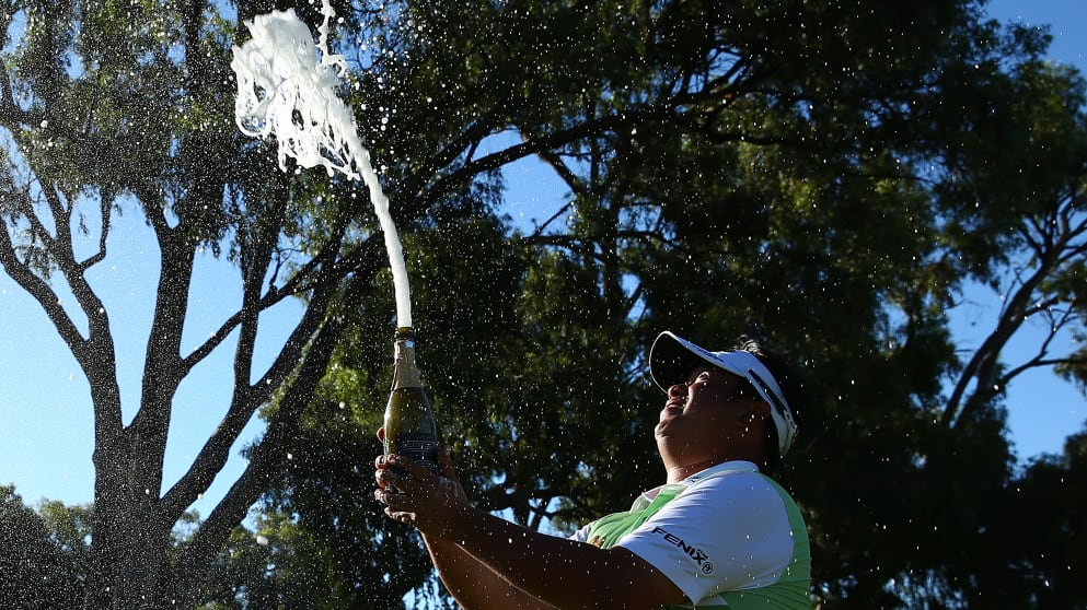 Kiradech Aphibarnrat celebrates his victory in Perth