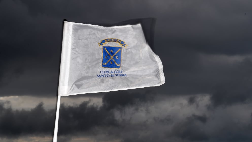 A pin flag blowing in the wind prior to the delayed first round of the Madeira Islands Open