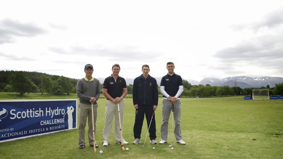 Daniel Im, George Murray, Ronald Ross MBE and Lloyd Saltman prepare for the ‘Scottish Hydro Shinty Challenge’ at Macdonald Spey Valley Golf Club (Stewart Grant/Studio in the Square)