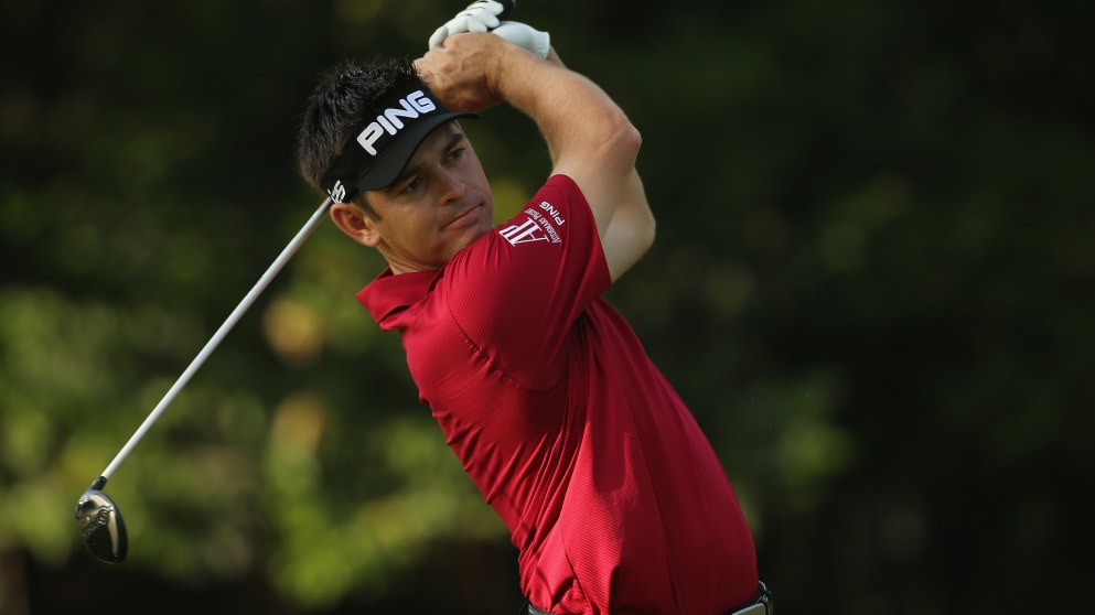 Louis Oosthuizen in action in the Pro-Am on the eve of the 2014 Maybank Malaysian Open 