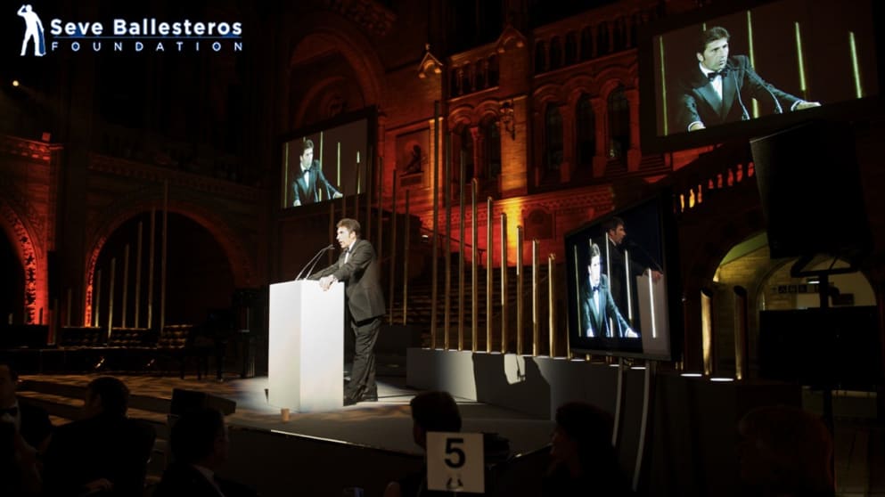José María Olazábal makes a speech at Viva la Vida, a Seve Ballesteros Foundation tribute event
