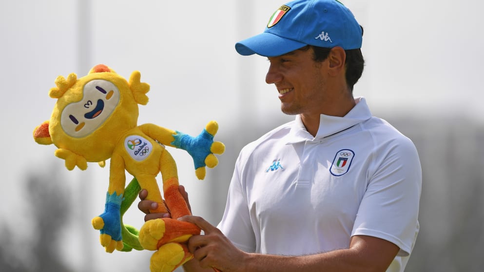  Matteo Manassero of Italy with the Olympic mascot