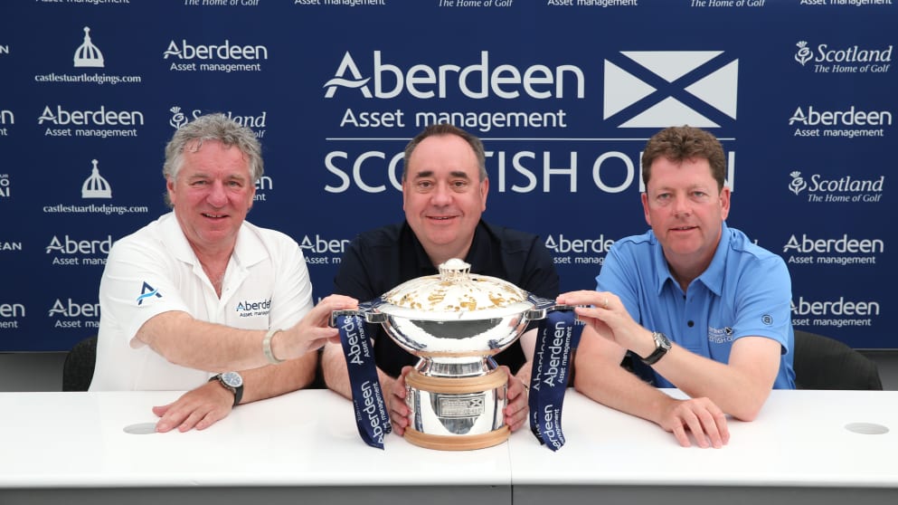 L-R: Aberdeen Asset Management CEO Martin Gilbert, First Minister Alex Salmond and European Tour's Peter Adams confirm future of the tournament to 2017