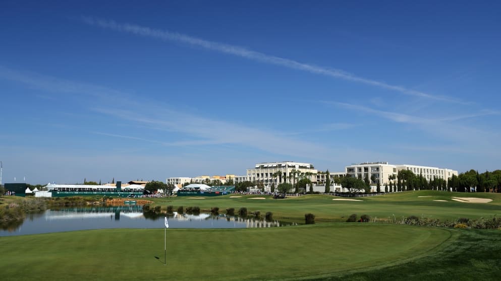 A general view down the 18th hole during day one of the 2017 Portugal Masters at Oceanico Victoria Golf Club