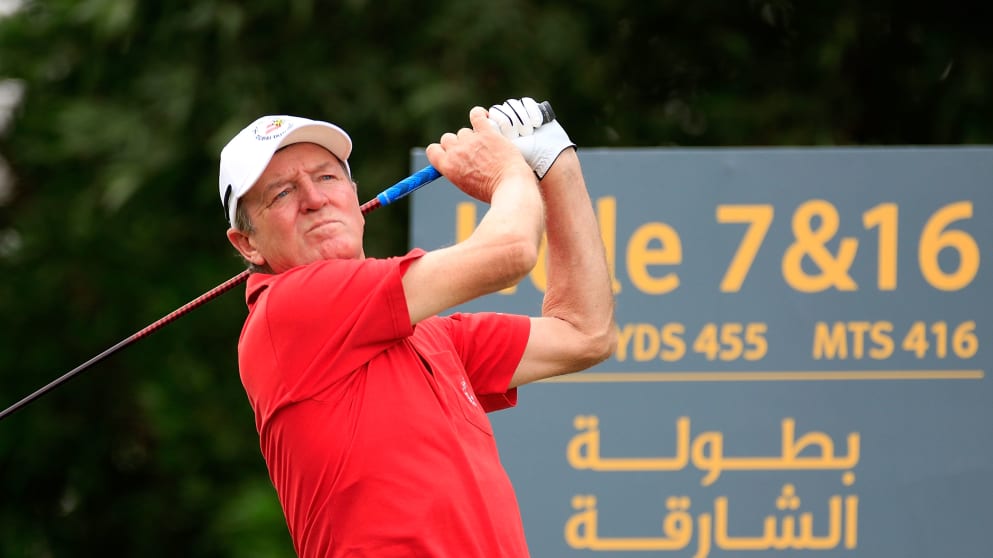 Des Smyth in action at the 2017 Sharjah Senior Golf Masters