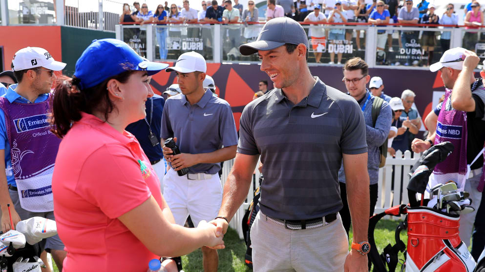 Rory McIlroy meets Saoirse Lambe who won a global competition to play with him and Niall Horan during the ODDC pro-am