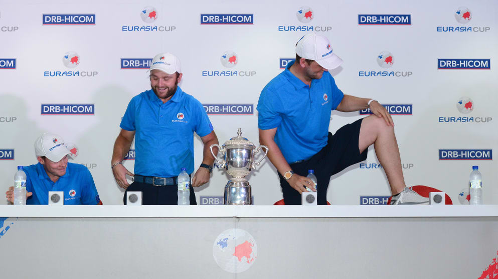 Bernd Wiesberger shows off his Team Europe shorts at a press conference at the 2016 EURASIA CUP presented by DRB-HICOM