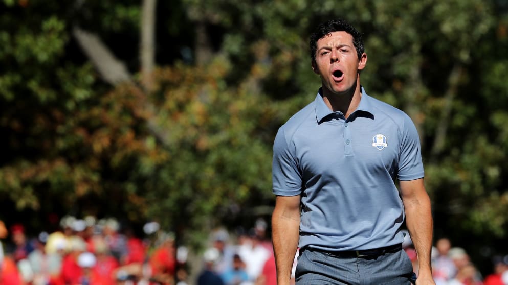 Rory McIlroy celebrates a putt at Hazeltine National during the Ryder Cup