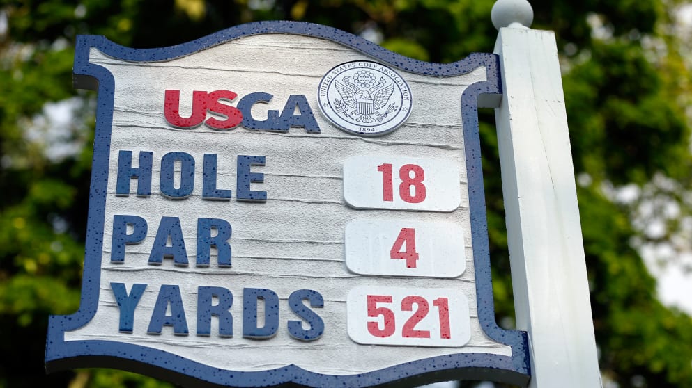   The 18th hole yardage sign at Merion