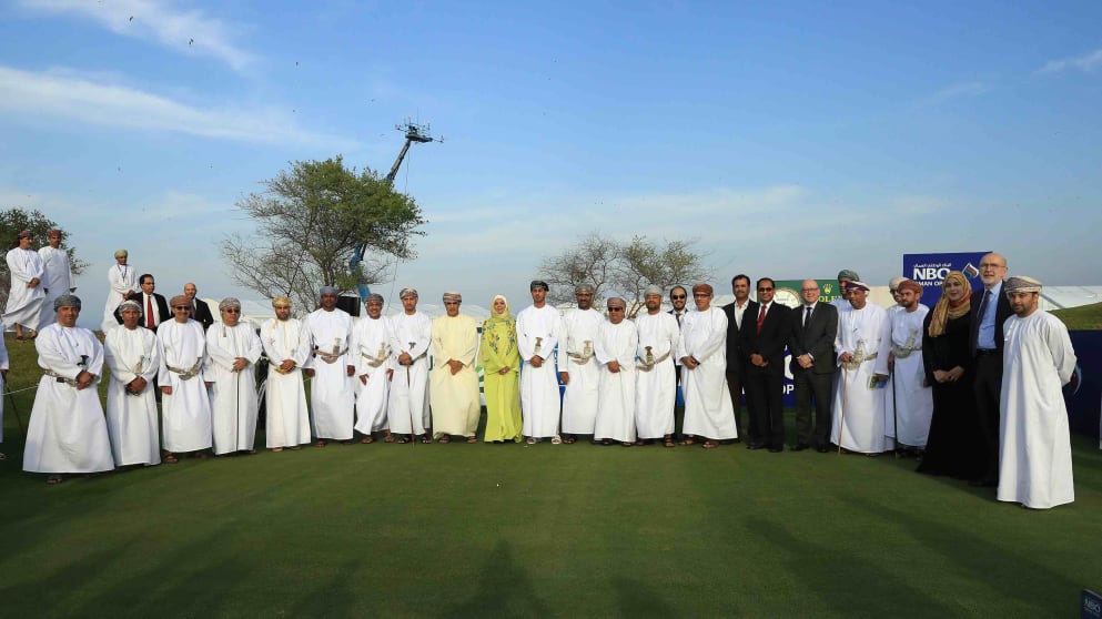NBO Oman Open sponsors and VIPs on the first tee at Al Mouj Golf