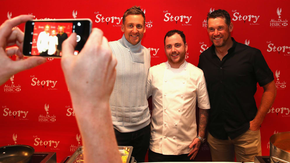 Ian Poulter (l) and Lee Westwood (r) with celebrity chef Tom Sellers