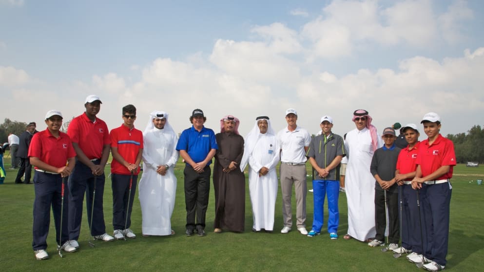 Jason Dufner (fifth left), Henrik Stenson (sixth right) and Sergio Garcia (fifth right) with Commercial Bank VIPs and the six local junior players ahead of the nine-hole Commercial Bank Challenge Match at Doha Golf Club on Monday afternoon
