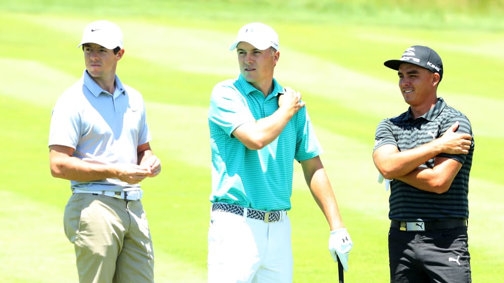 Rory McIlroy, Jordan Spieth and Rickie Fowler talk during a practice round prior to the U.S. Open at Oakmont Country Club