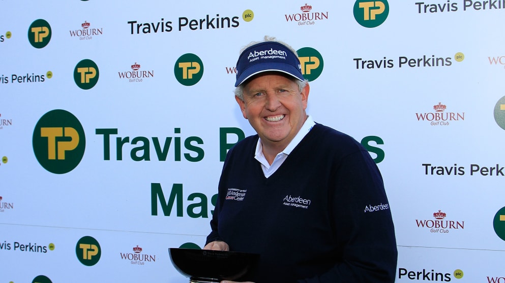 Colin Montgomerie with the Travis Perkins trophy he gets to keep