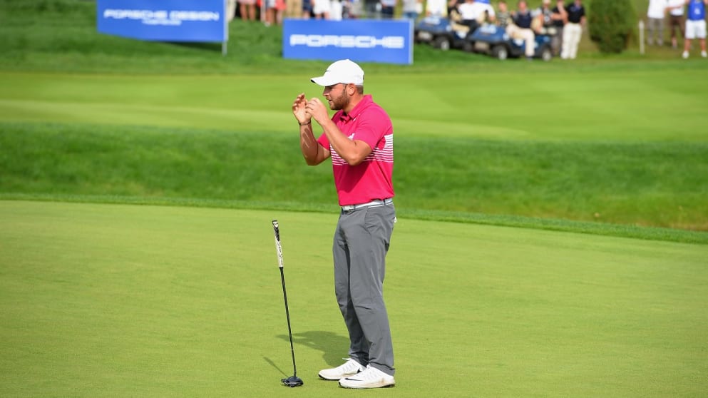 Jordan Smith reacts after winning the Porsche European Open