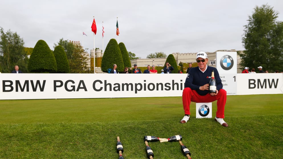 Miguel Angel Jimenez celebrates after his record tenth hole-in-one on the European Tour