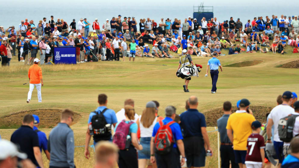 Rickie Fowler and Russell Knox on hole two at Gullane Golf Club 