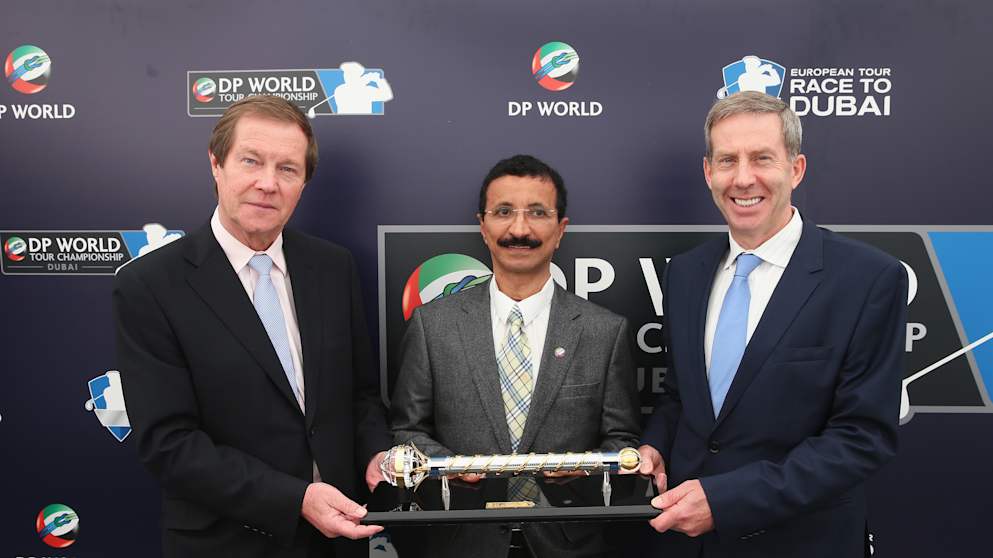 George O'Grady, Chief Executive of the European Tour, His Excellency Sultan Ahmed Bin Sulayem, Chairman of DP World and Keith Waters, COO and Director of International Policy at the European Tour 