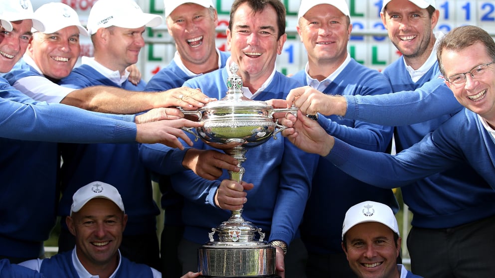 The victorious GB & Ireland team poses with the trophy during the singles matches on the final day of the 28th PGA Cup at Foxhills Golf Course