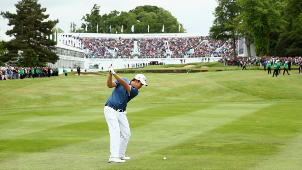Byeong-Hun An of South Korea hits his 3rd shot on the 18th hole 