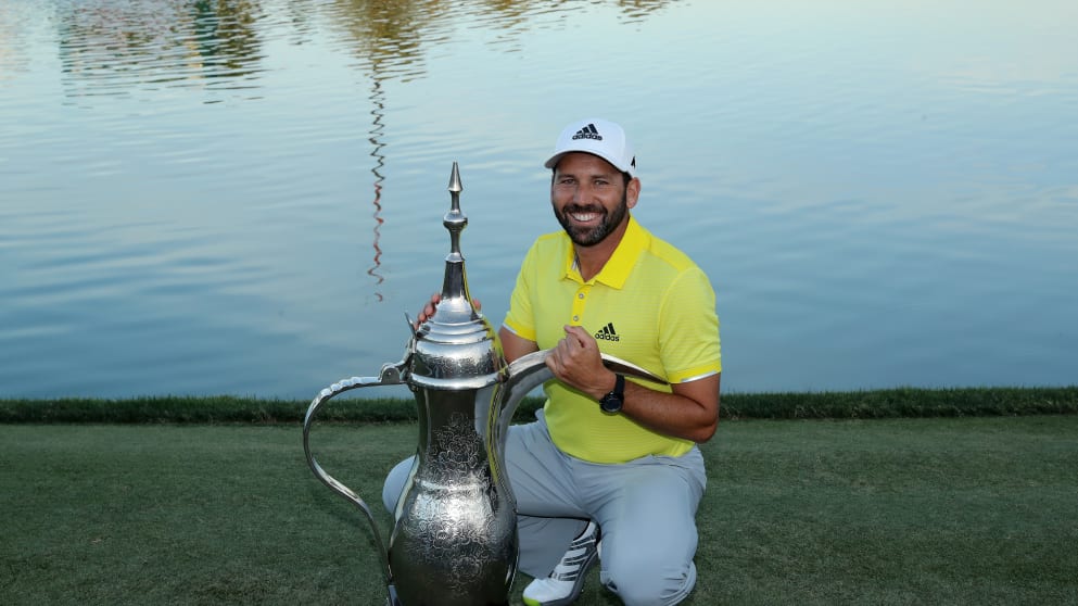 Sergio Garcia of Spain after his victory at the 2017 Omega Dubai Desert Classic