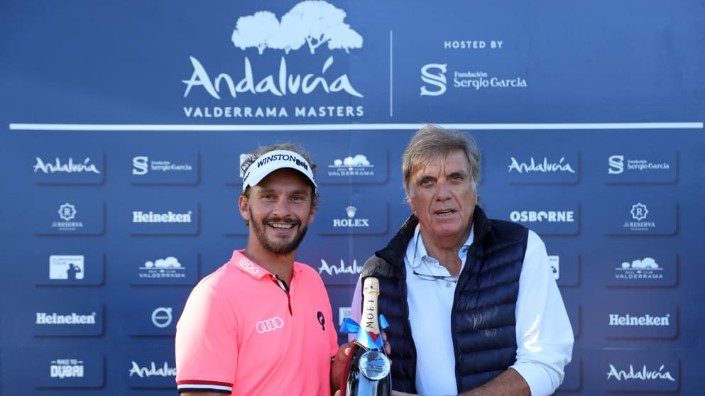 Joost Luiten receives Champagne for making an albatross at Valderrama