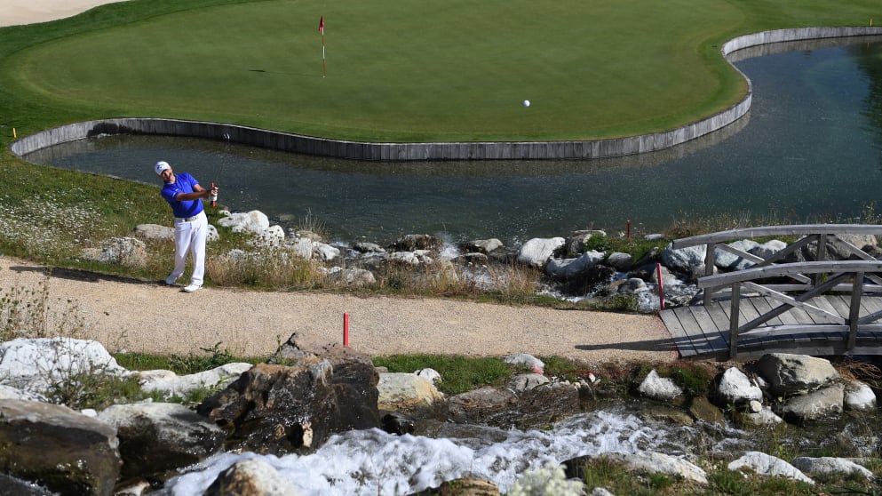Sam Brazel - plays his second shot on the 17th hole during the second round of the Omega European Masters