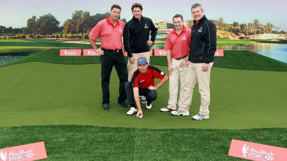 Padraig Harrington with Simon Cooper, the CEO of HSBC Middle East and North Africa, HSBC sporting ambassadors Chris Cairns, Jonathan Davies and Gavin Hastings 