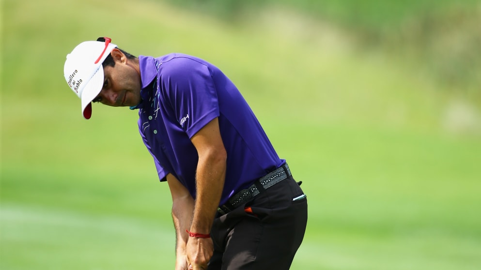 Felipe Aguilar of Chile plays a putt for a birdie on the 8th green on the West Course during day two of the Joburg Open
